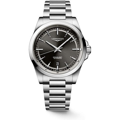 Longines Herrenuhr aus Edelstahl mit silberfarbenem Gehäuse und schwarzem Zifferblatt.