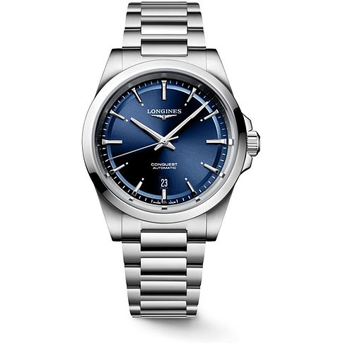 Longines Herrenuhr mit Edelstahlgehäuse, blauem Zifferblatt und Datumsanzeige.