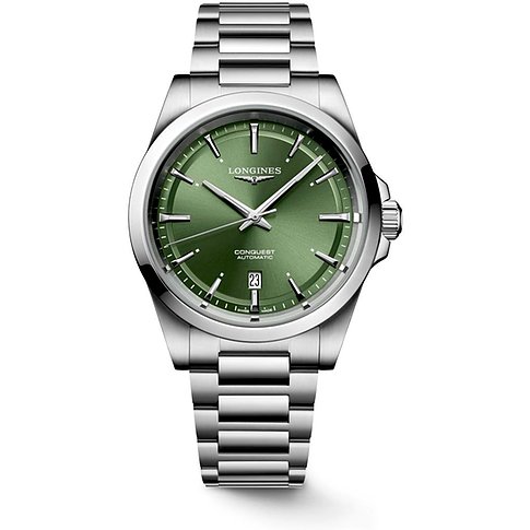 Longines Herrenuhr mit Edelstahlgehäuse, grünem Zifferblatt und Datumsanzeige.
