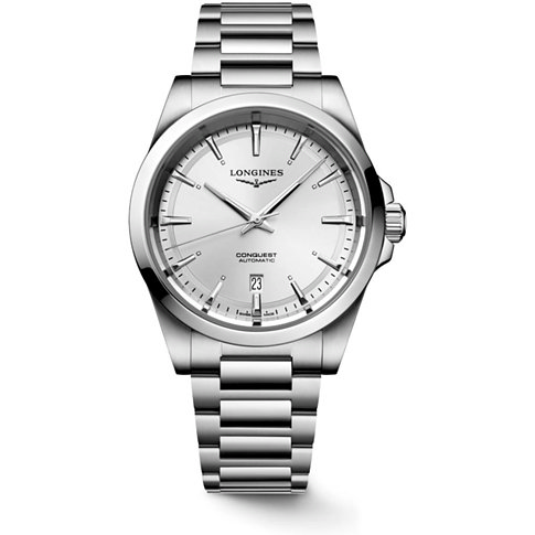 Longines Herrenuhr aus Edelstahl mit silberfarbenem Zifferblatt und Datumsanzeige.