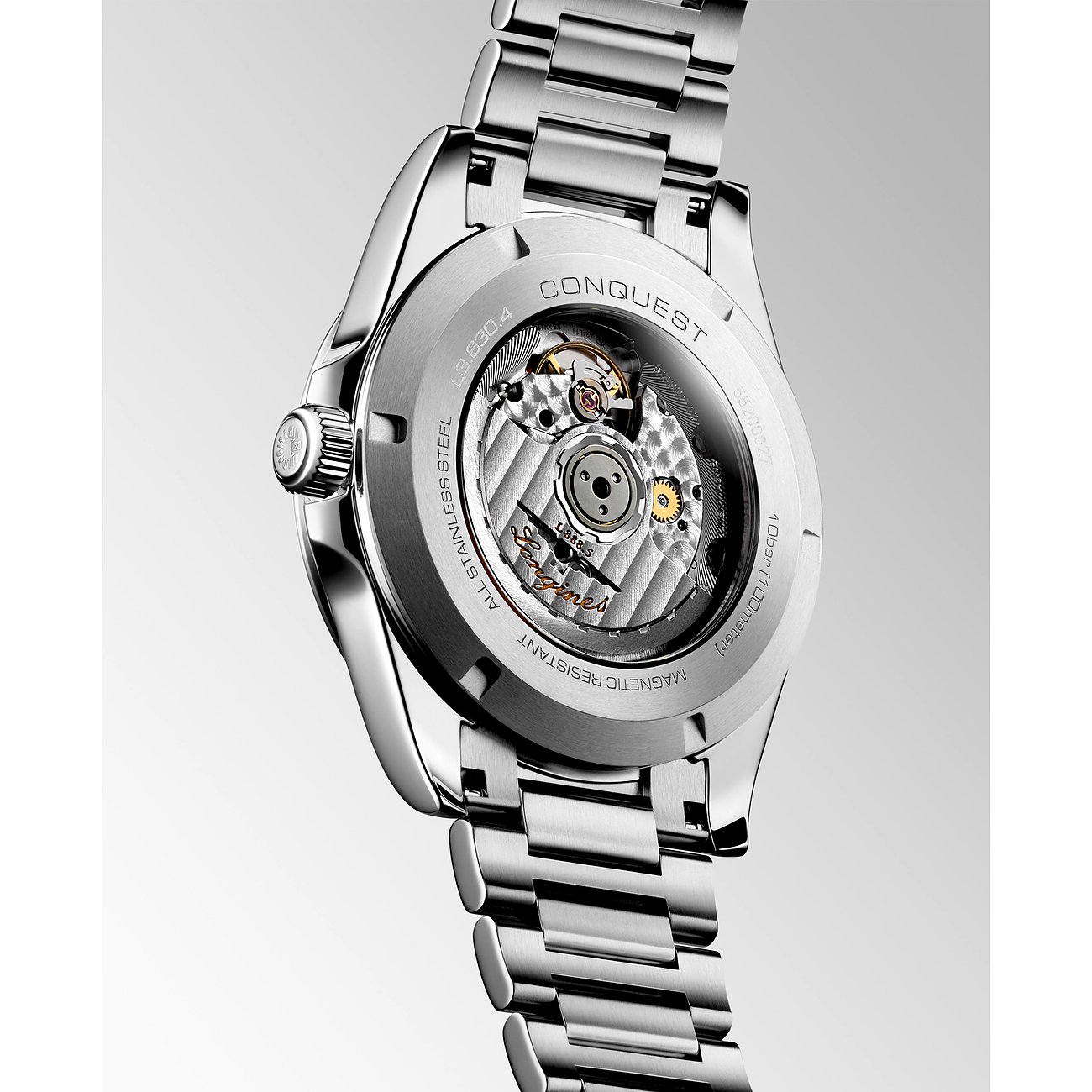 Longines Herrenuhr mit Edelstahlgehäuse und Sichtboden.