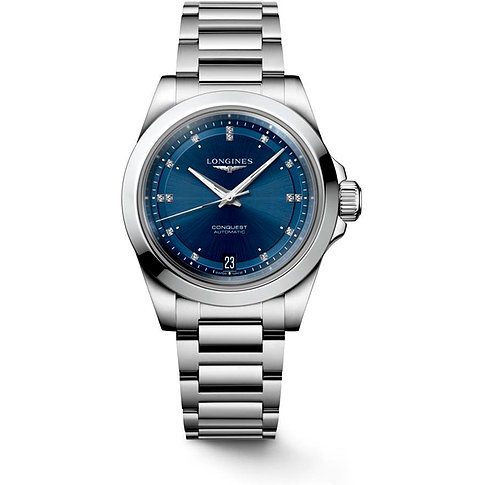 Longines Damenuhr aus Edelstahl mit blauem Zifferblatt und Diamanten.