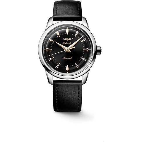 Longines Herrenuhr mit Edelstahlgehäuse, schwarzem Zifferblatt und goldenen Indizes.