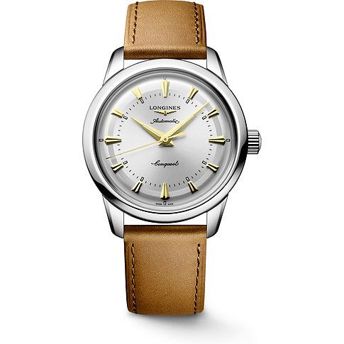 Longines Herrenuhr mit Edelstahlgehäuse, silberfarbenem Zifferblatt und goldenen Indizes.