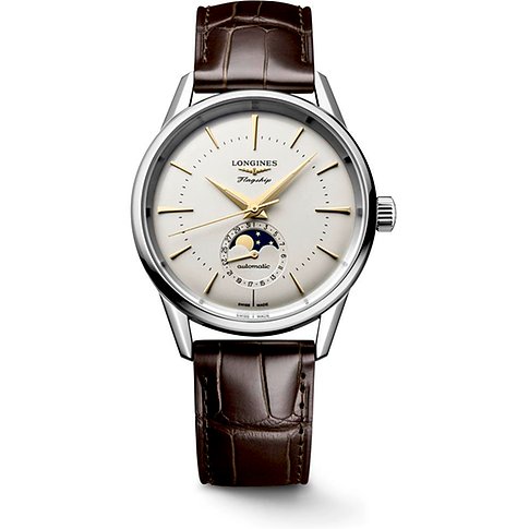Longines Herrenuhr mit Edelstahlgehäuse, weißem Zifferblatt und Mondphase.