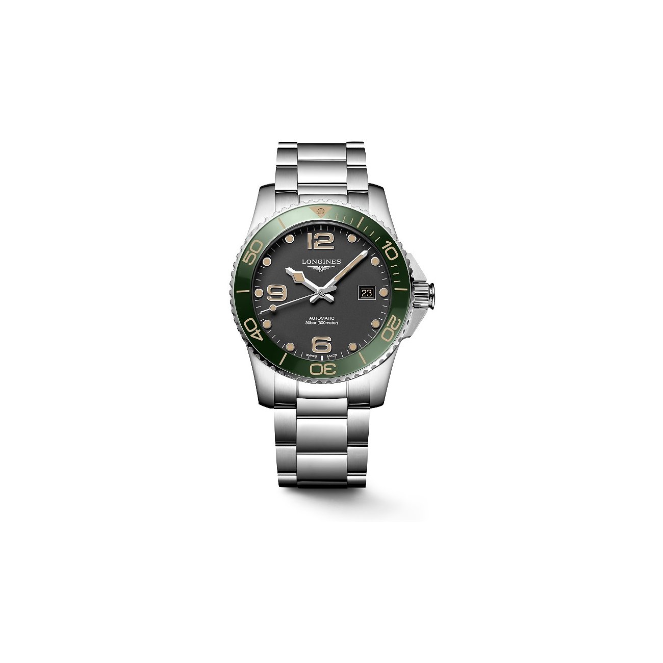 Longines Herrenuhr mit Edelstahlgehäuse, grüner Keramiklünette und Automatikwerk.