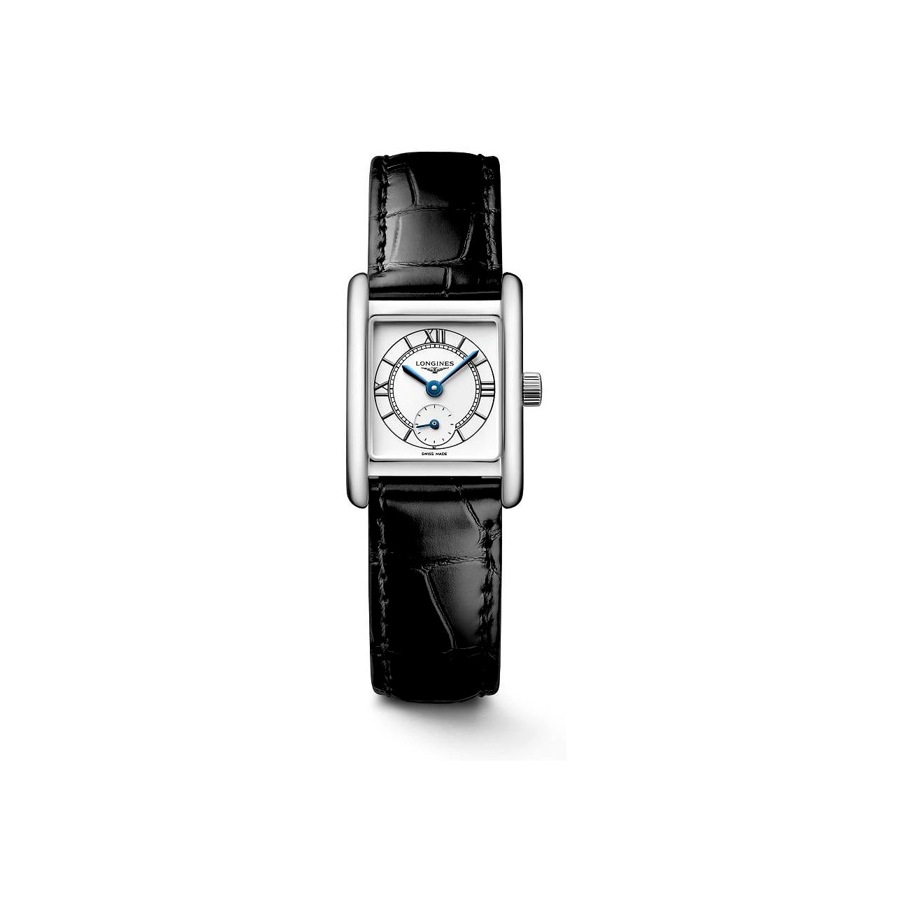 Longines Damenuhr mit Edelstahlgehäuse, weißem Zifferblatt und schwarzem Armband.