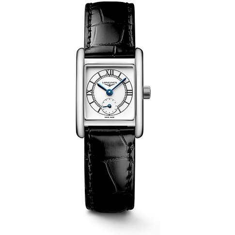 Longines Damenuhr mit Edelstahlgehäuse, weißem Zifferblatt und schwarzem Armband.