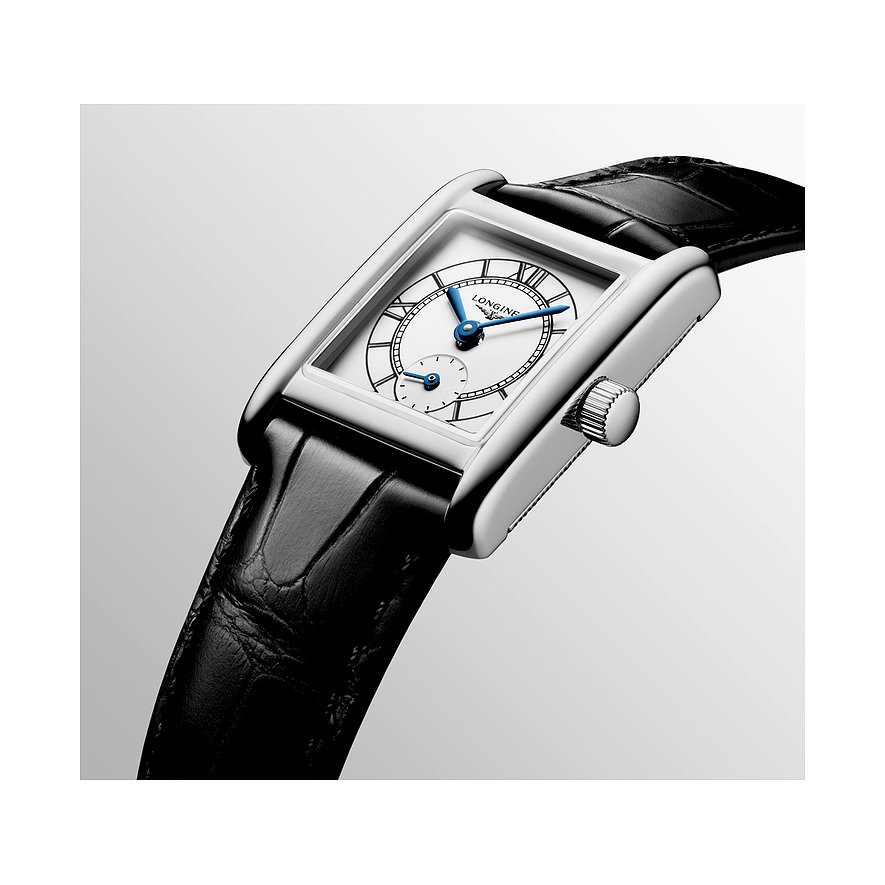Longines Damenuhr mit Edelstahlgehäuse und schwarzem Lederarmband.