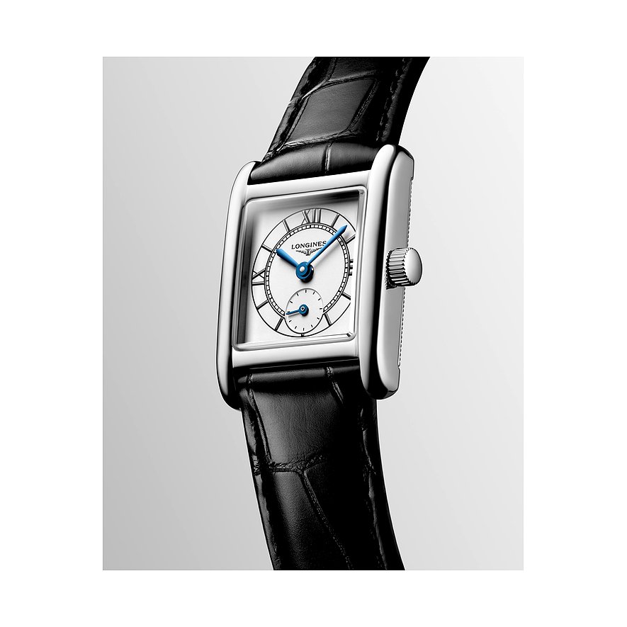 Longines Damenuhr mit Edelstahlgehäuse und weißem Zifferblatt.