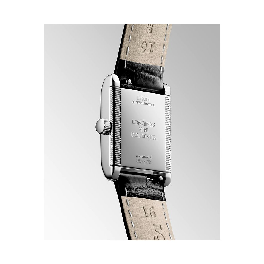 Longines Damenuhr mit Edelstahlgehäuse, rechteckig, analog.