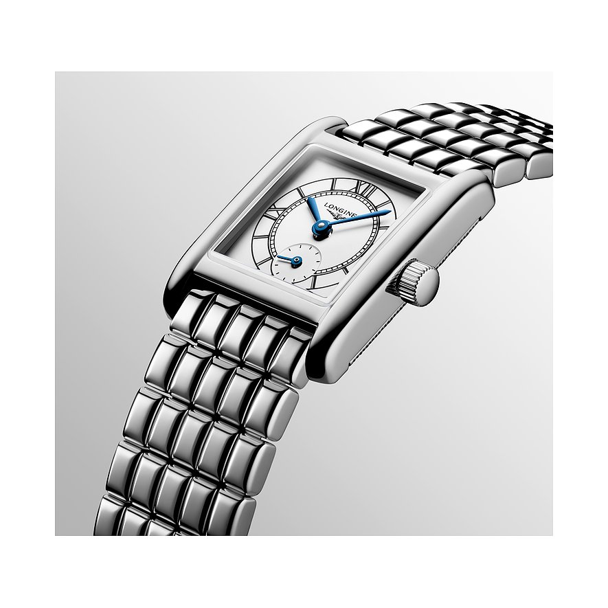 Longines Damenuhr mit Edelstahlgehäuse, weißem Zifferblatt und blauen Zeigern.
