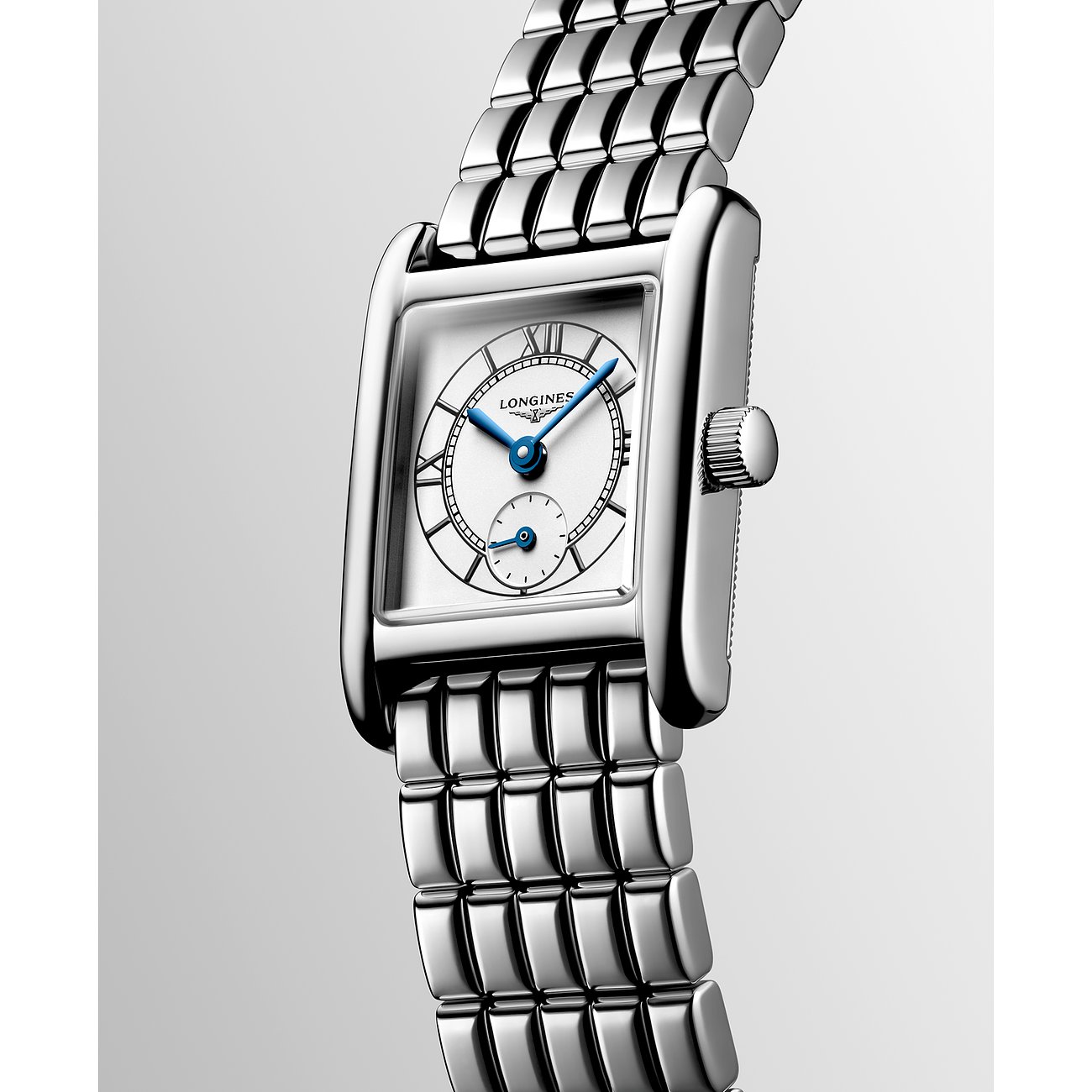 Longines Damenuhr mit Edelstahlgehäuse, silberfarben, mit blauen Zeigern.