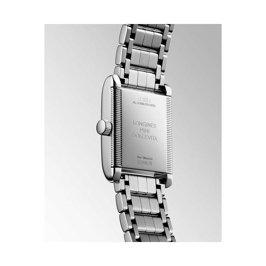Longines Damenuhr aus Edelstahl mit rechteckigem Gehäuse und Edelstahlarmband.