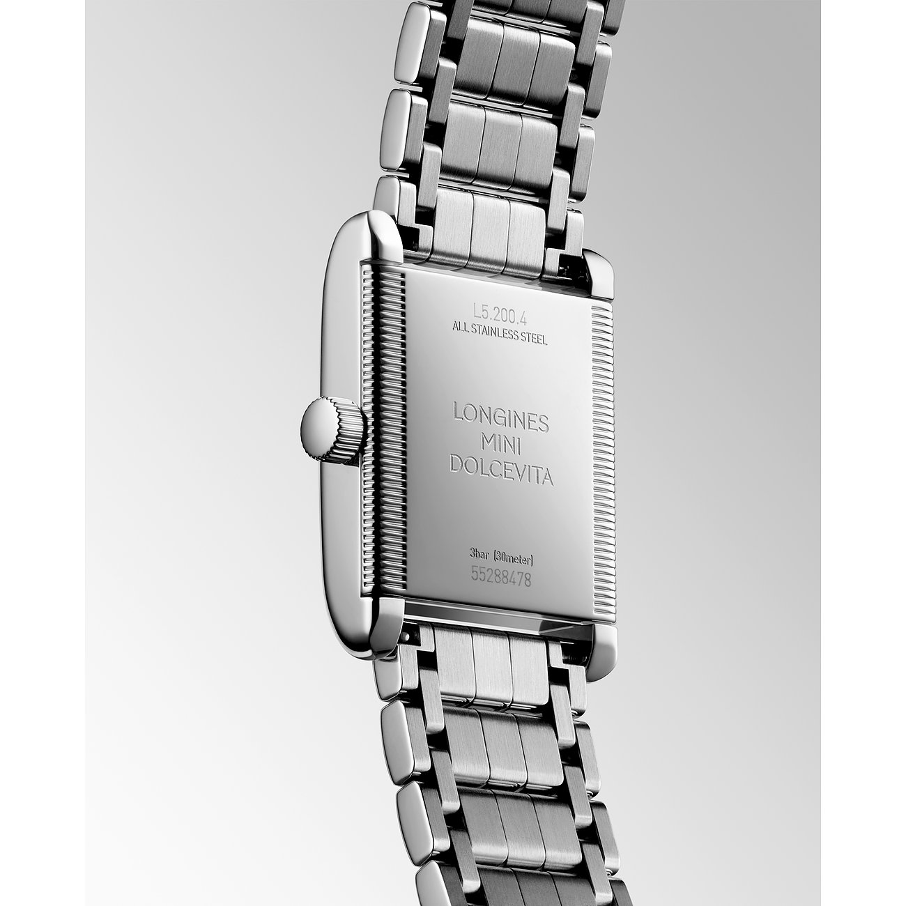 Longines Damenuhr aus Edelstahl mit rechteckigem Gehäuse und Edelstahlarmband.