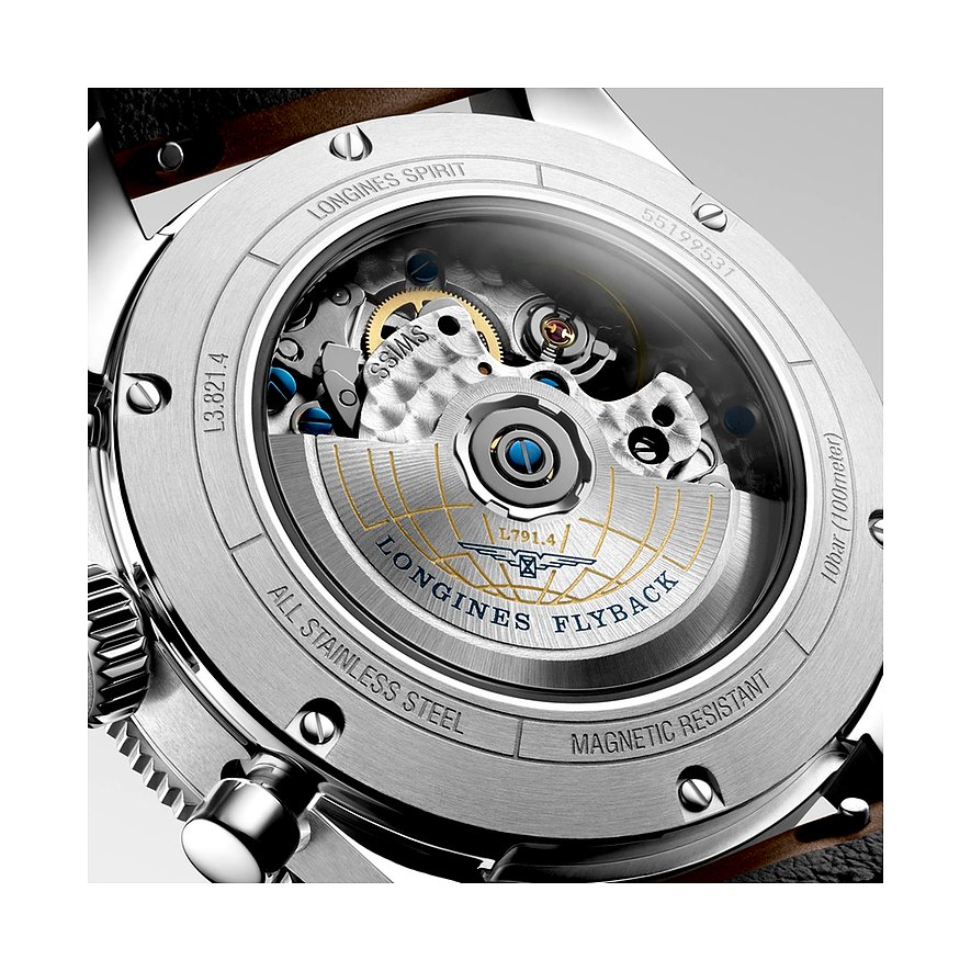 Longines Herrenuhr mit Edelstahlgehäuse, Sichtboden mit Uhrwerk und Flyback-Funktion.