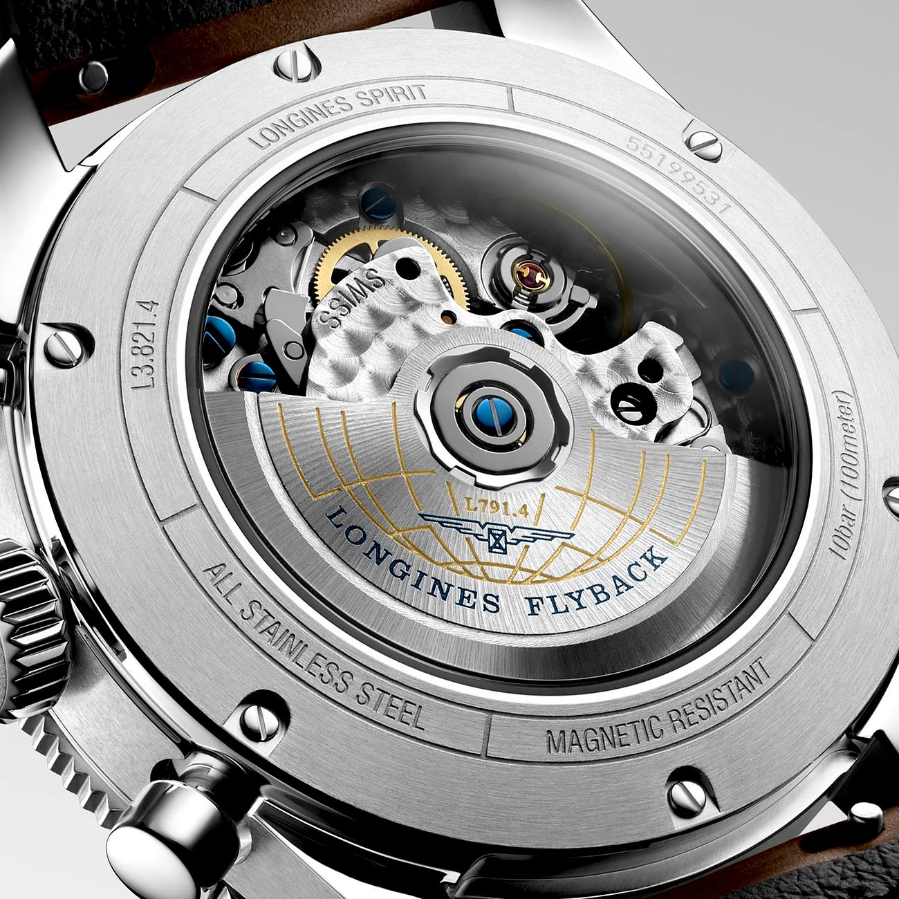 Longines Herrenuhr mit Edelstahlgehäuse, Sichtboden mit Uhrwerk und Flyback-Funktion.