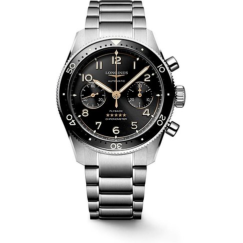 Longines Herrenuhr mit Edelstahlgehäuse, schwarzem Zifferblatt und Keramiklünette.