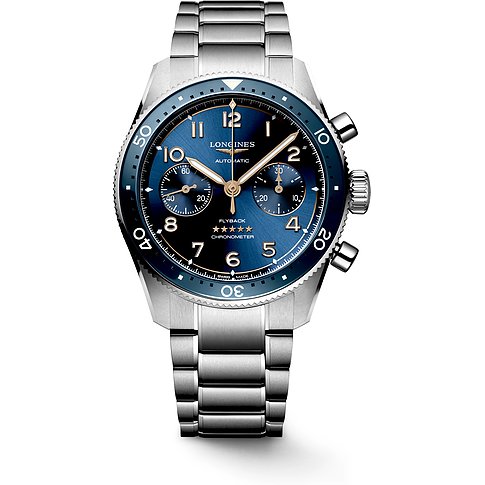 Longines Herrenuhr mit Edelstahlgehäuse, blauem Zifferblatt und Keramiklünette.