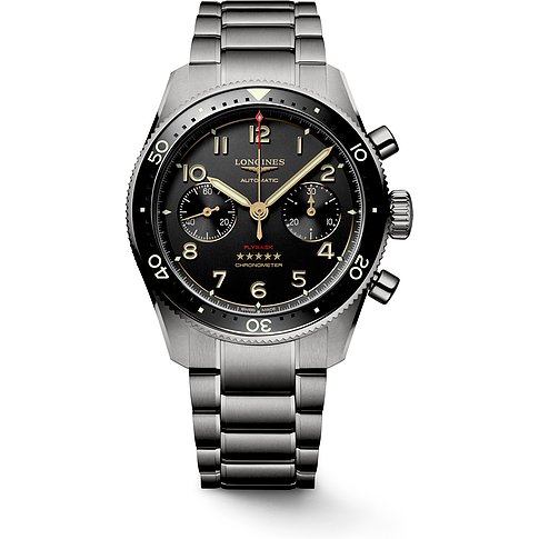 Longines Herrenuhr mit Titangehäuse, schwarzem Zifferblatt und schwarzer Keramiklünette.