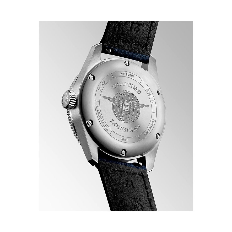 Longines Herrenuhr mit Edelstahlgehäuse und schwarzem Lederarmband.