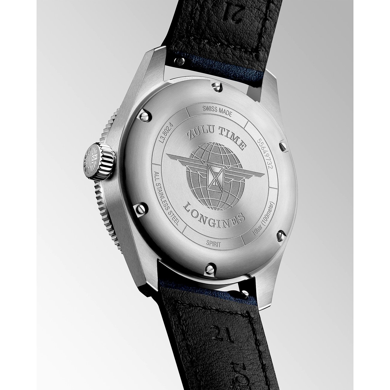 Longines Herrenuhr mit Edelstahlgehäuse und schwarzem Lederarmband.
