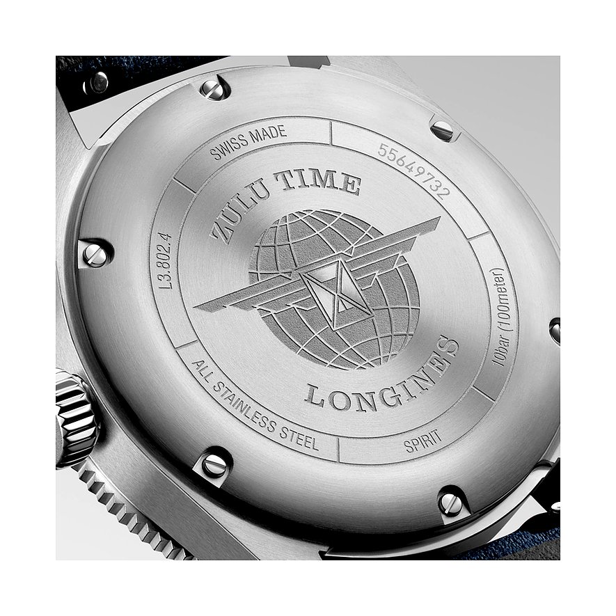 Longines Herrenuhr aus Edelstahl, mit analoger Anzeige und Weltkugel-Logo.