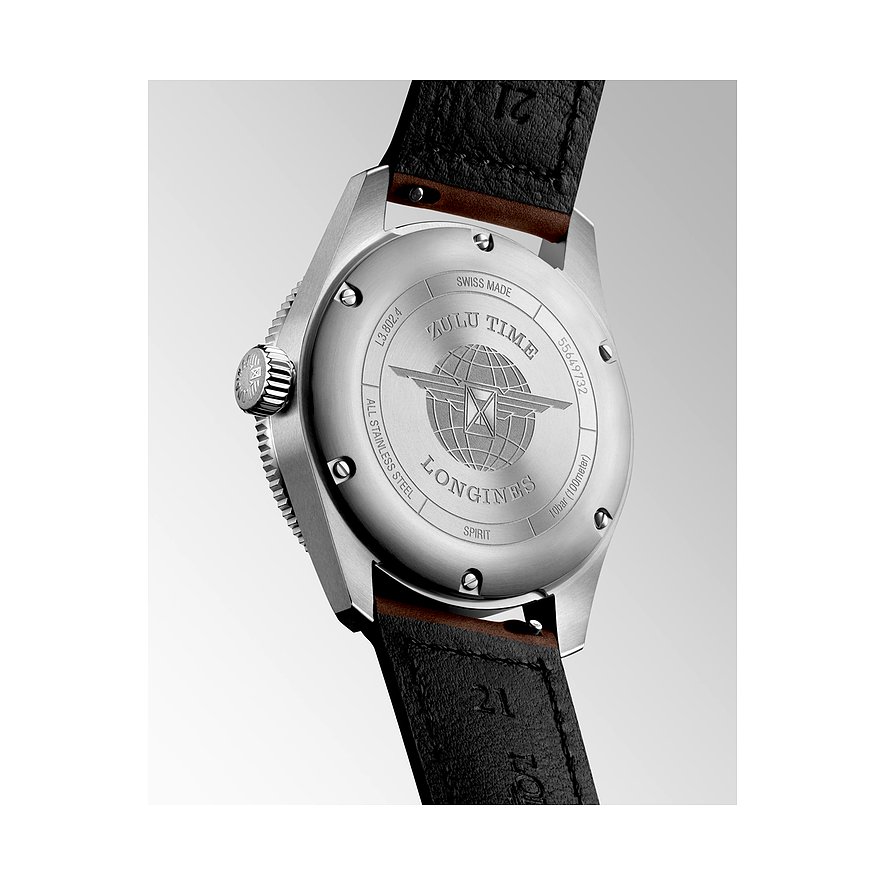 Longines Herrenuhr mit Edelstahlgehäuse und schwarzem Lederarmband.