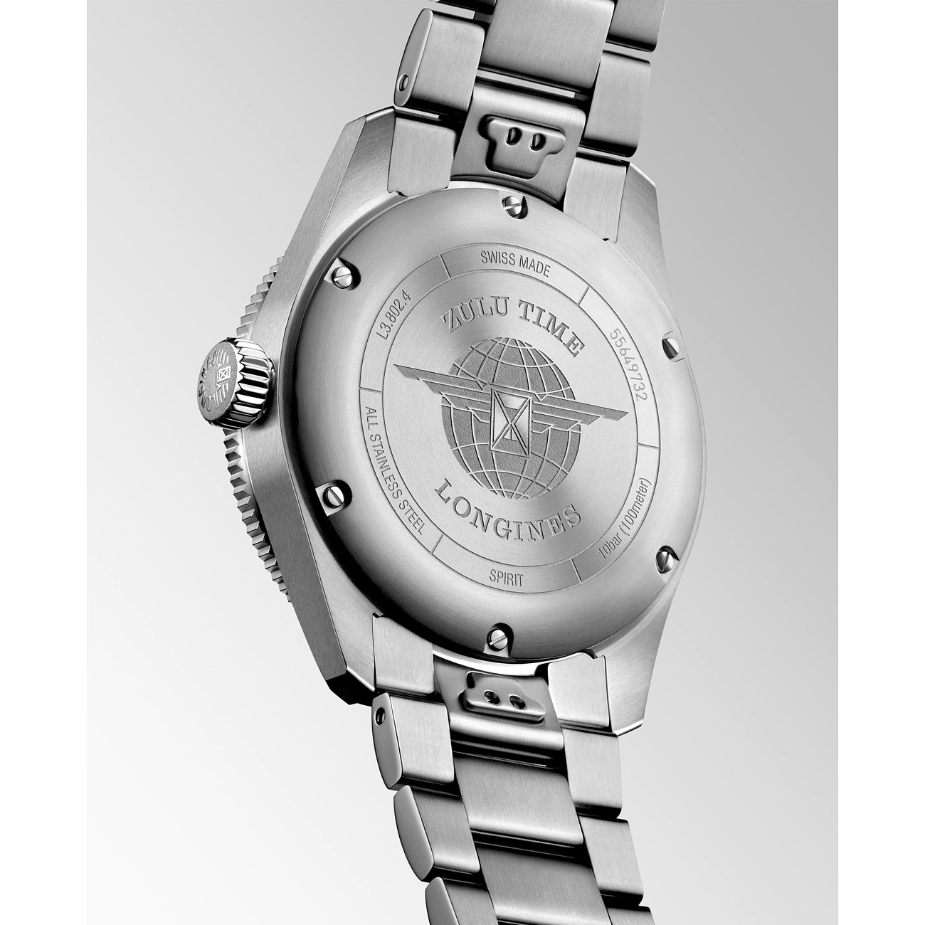 Longines Herrenuhr mit Edelstahlgehäuse, silberfarbenes Gehäuse und Zifferblatt.