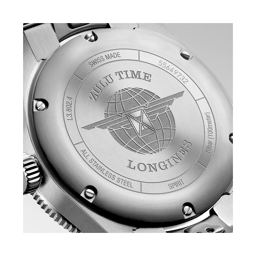Longines Herrenuhr aus Edelstahl mit schwarzer Keramiklünette und analoger Anzeige.