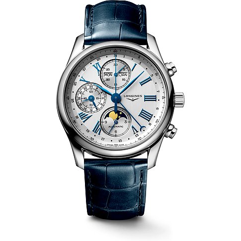 Longines Herrenuhr mit Edelstahlgehäuse, analog, mit Mondphase und Tag/Datum.