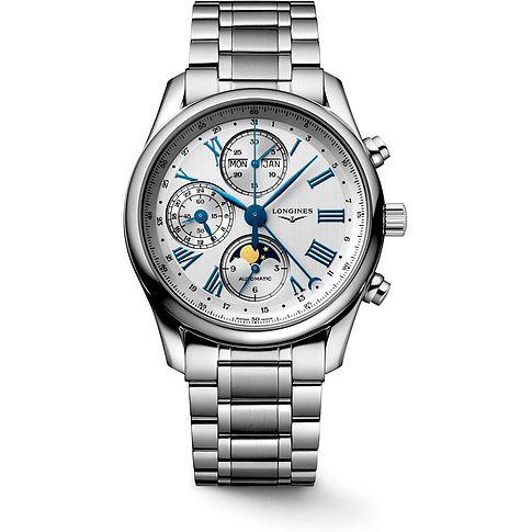 Longines Herrenuhr mit Edelstahlgehäuse, silberfarbenes Zifferblatt, römische Ziffern.