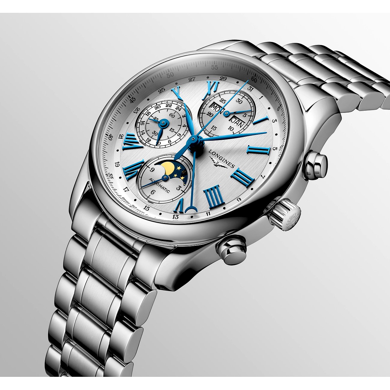 Longines Herrenuhr mit Edelstahlgehäuse, silberfarbenes Zifferblatt, analog.
