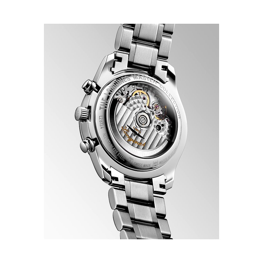 Longines Herrenuhr aus Edelstahl mit Sichtboden und Automatikwerk.