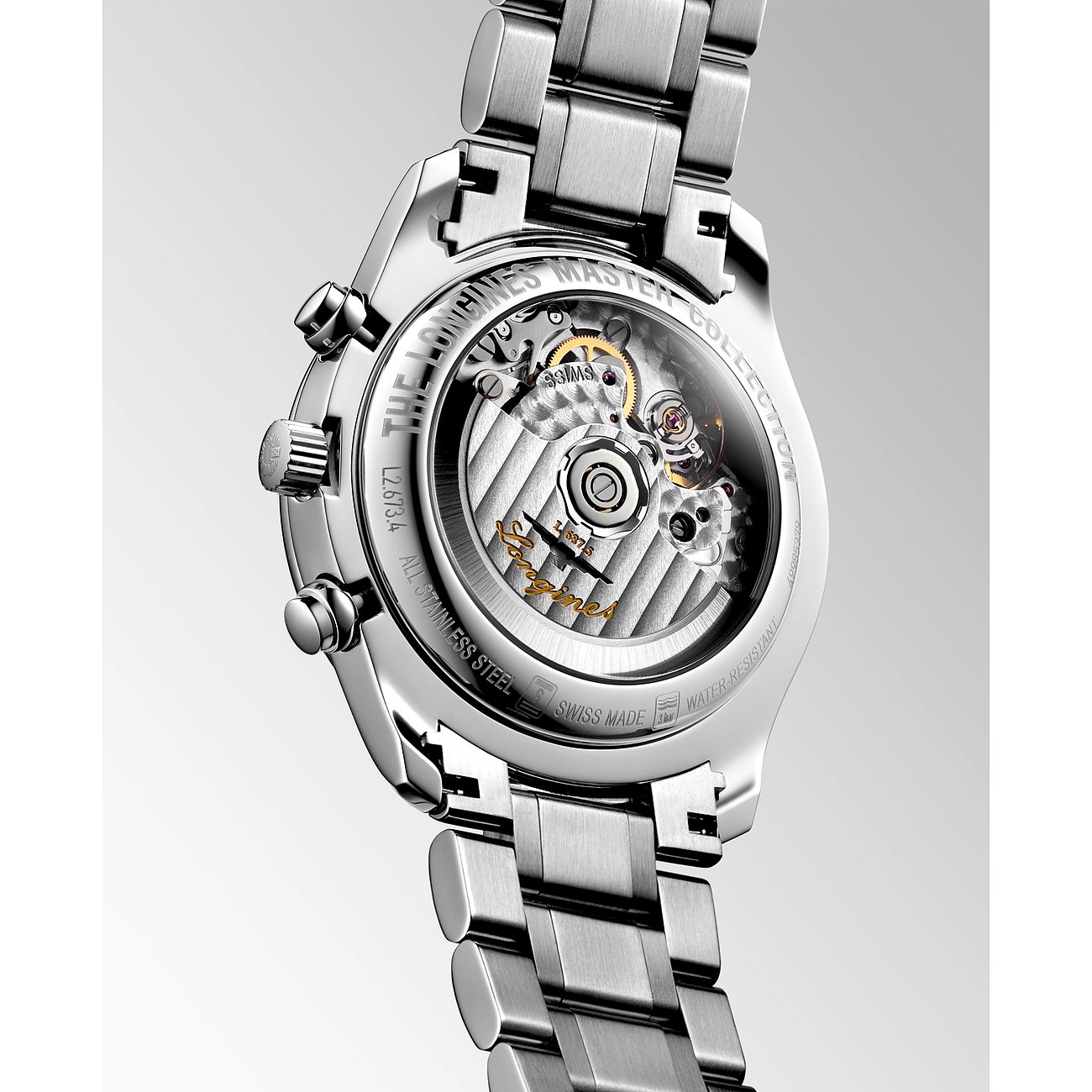 Longines Herrenuhr aus Edelstahl mit Sichtboden und Automatikwerk.