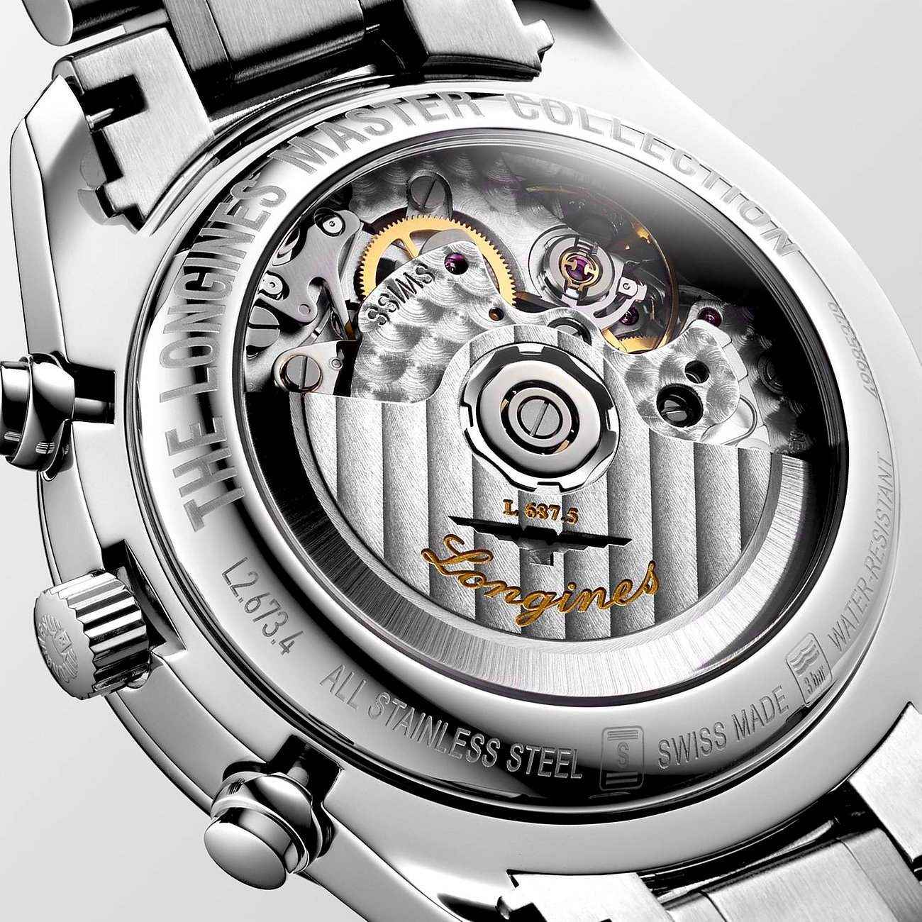 Longines Herrenuhr mit Edelstahlgehäuse und Sichtboden.