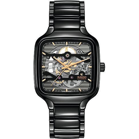 Rado Unisexuhr mit Keramikgehäuse, Skelett-Zifferblatt und goldenen Zeigern.