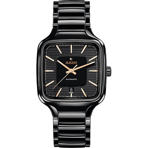 Rado Unisexuhr mit Keramikgehäuse, schwarzes Zifferblatt, analog.