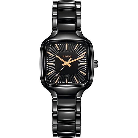 Rado Damenuhr mit Keramikgehäuse, schwarzem Zifferblatt und goldenen Zeigern.