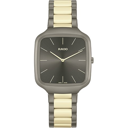 Rado Unisexuhr aus Keramik mit quadratischem dunkelgrauem Zifferblatt und zweifarbigem gold-grauem Armband.