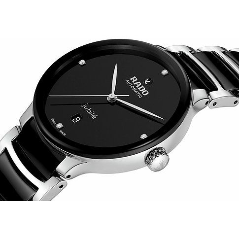 Rado Unisexuhr mit Edelstahlgehäuse, schwarzem Zifferblatt und Diamanten.