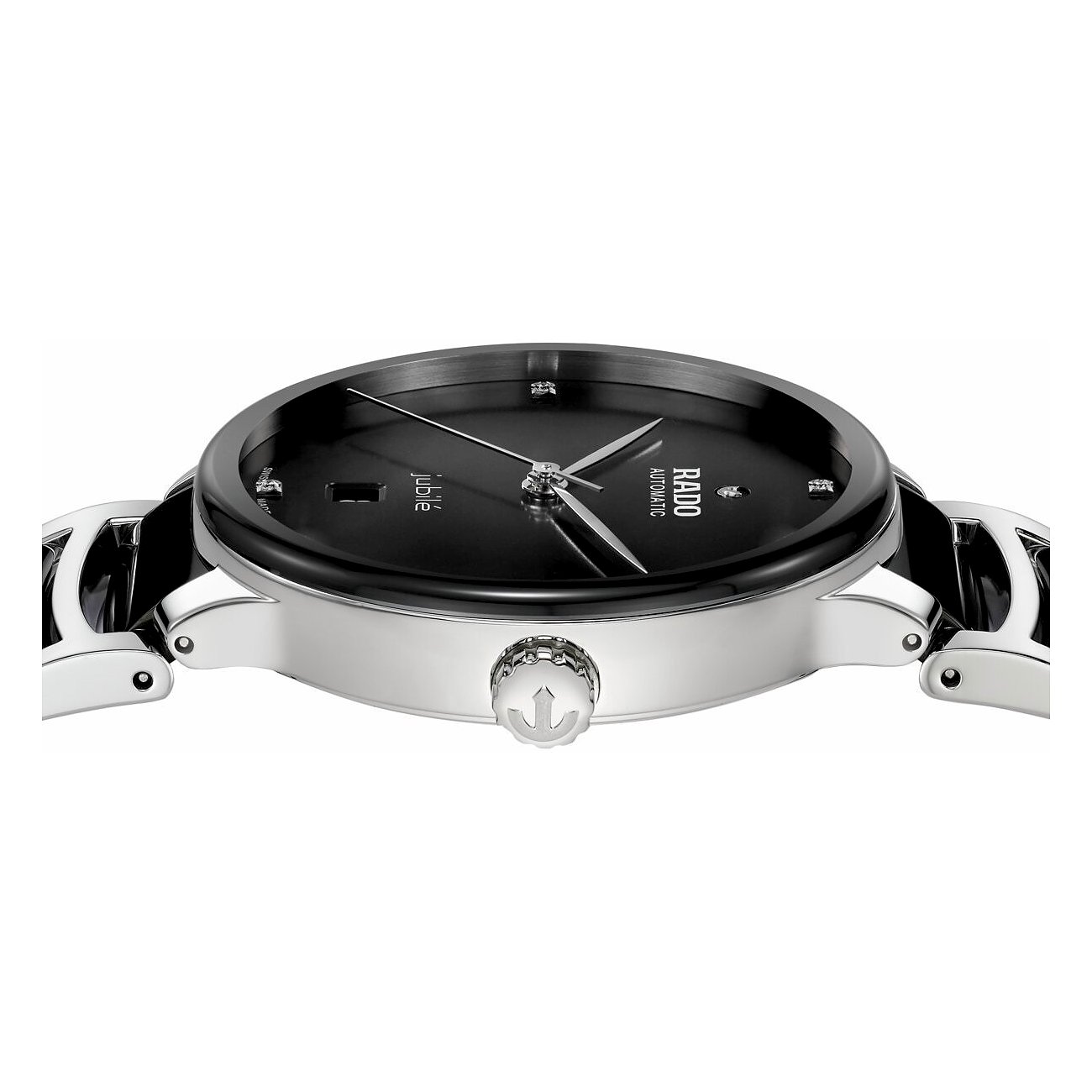Rückseite einer Rado Centrix Armbanduhr mit dem sichtbaren Uhrwerk und Edelstahlband.