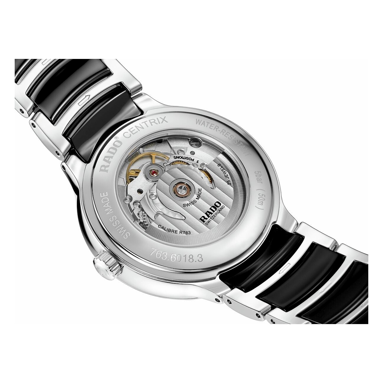 Rado Centrix Unisexuhr aus Edelstahl, Rückansicht des Gehäuses mit sichtbarem Uhrwerk und Armband.