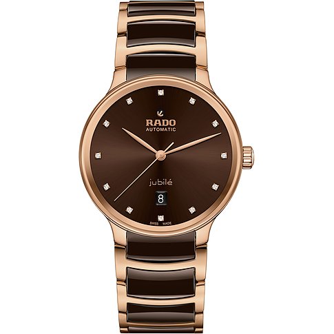 Rado Unisexuhr aus braunem Edelstahl mit Diamanten auf dem Zifferblatt, von vorne fotografiert.