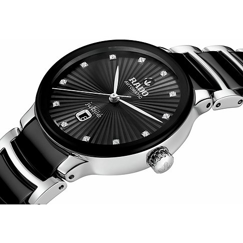Rado Damenuhr mit Edelstahlgehäuse, schwarzem Zifferblatt und Diamanten.