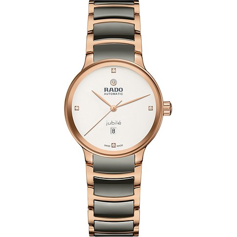 Rado Damenuhr mit Edelstahlgehäuse, roségoldfarben, mit Diamanten.