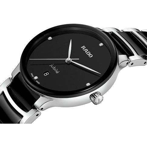 Rado Unisexuhr mit Edelstahlgehäuse, schwarzem Zifferblatt und Diamanten.