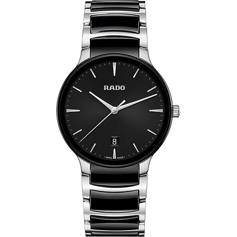 Rado Unisexuhr mit Edelstahlgehäuse, schwarzem Zifferblatt und silberfarbenem Armband.