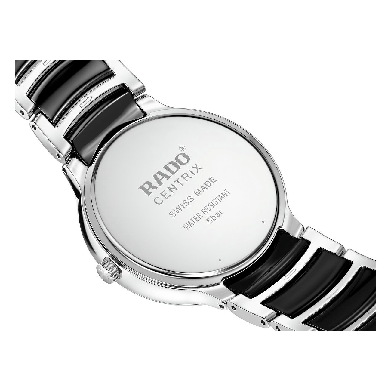 Rado Centrix Unisexuhr aus Edelstahl, Rückseite sichtbar mit 