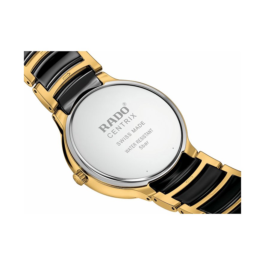 Rado Centrix Quarzuhr aus goldfarbenem Edelstahl und schwarzer Keramik von hinten mit Gravuren für Wasserdichtigkeit.